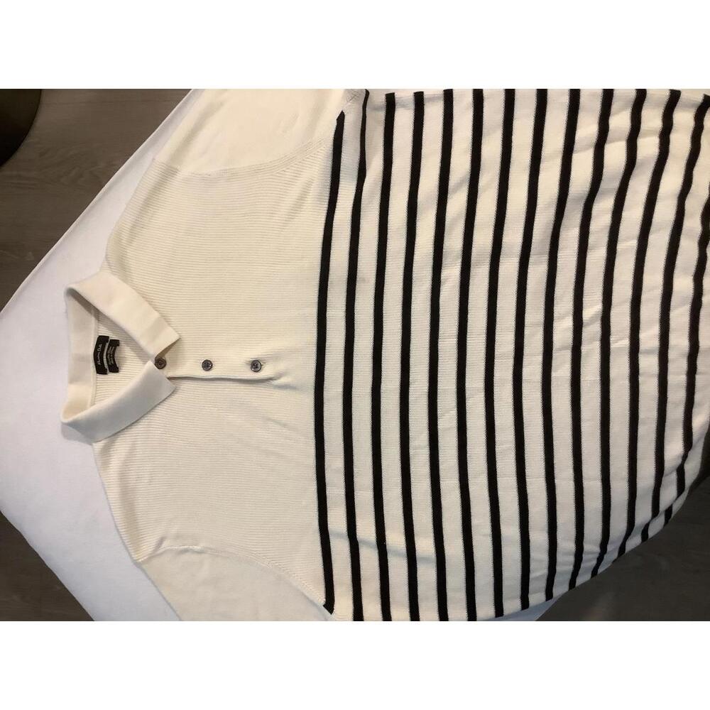 Massimo Dutti Stripe Knit Short Sleeve Sweater Polo Cream Black Green XL Sporty